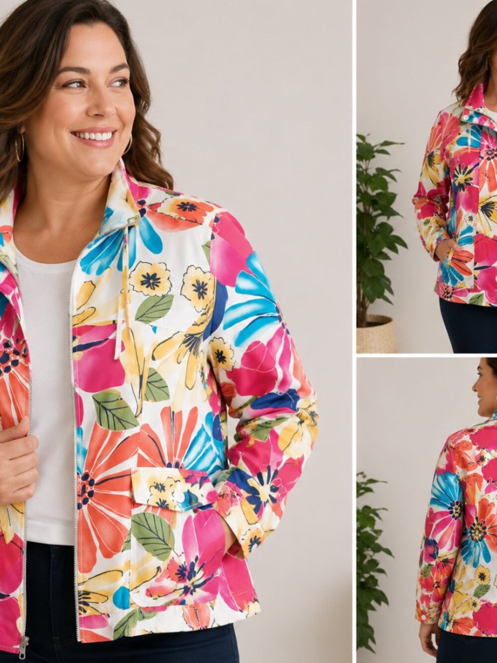 Coldwater Creek Womens 20W Floral Jacket Colorful Zip Front Cotton Stretch Plus - Picture 7 of 7
